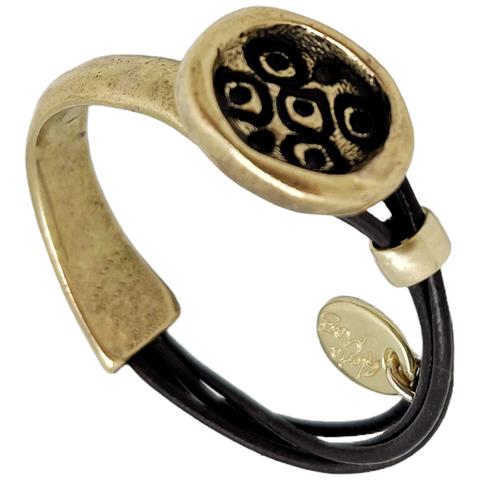 Bracciale Rigido Medio Con Bottone Inciso E Pelle Marrone Con Metallo Dorato - Foto 2