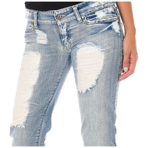 Pantaloni Lunghi In Denim Effetto Strappato Con Chiffon D012929-d024 Donna - Foto 3