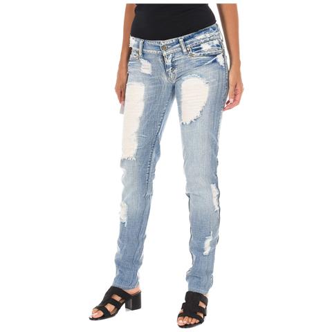 Pantaloni Lunghi In Denim Effetto Strappato Con Chiffon D012929-d024 Donna - Foto 1