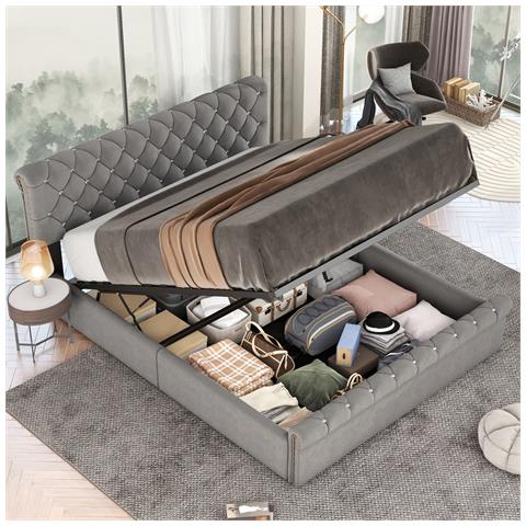Letto Contenitore Con Rete A Doghe E Testiera,letto Per Ragazzi, ,letto Con Funzione Idraulica,letto Imbottito ,grigio,140x200 Cm,senza Materasso - Foto 1