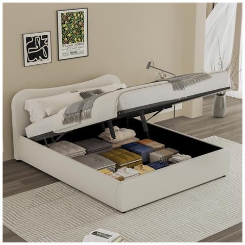 Plano Letto A Cassapanca 160x200cm Design Arrotondato Velluto A Coste Beige - Foto 2