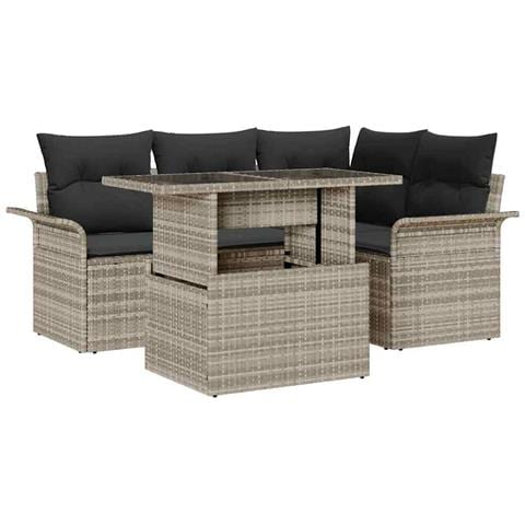 Set divani giardino 5 pezzi con cuscini grigio chiaro in polirattan - Foto 1