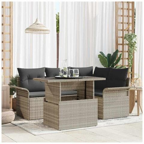 Set divani giardino 5 pezzi con cuscini grigio chiaro in polirattan - Foto 2