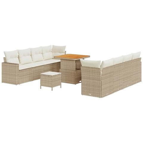 Set divano da giardino 11 pezzi con cuscini beige polyrattan acacia, Set da pranzo da giardino 3 pezzi con cuscini beige polyrattan acacia - Foto 1