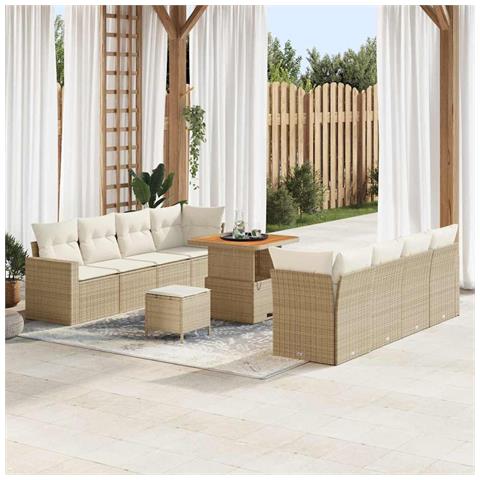 Set divano da giardino 11 pezzi con cuscini beige polyrattan acacia, Set da pranzo da giardino 3 pezzi con cuscini beige polyrattan acacia - Foto 2