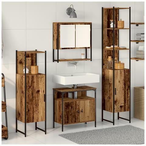 Set di Mobili da Bagno 4 Pezzi Legno Vecchio Legno Ingegnerizzato - Foto 2
