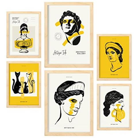 Set Di 6 Stampe Busti In Inchiostro Nero Ispirati Alla Mitologia Greca, Stampe Per L'interior Design A3 & A4 Telaio In Legno Chiaro - Foto 1