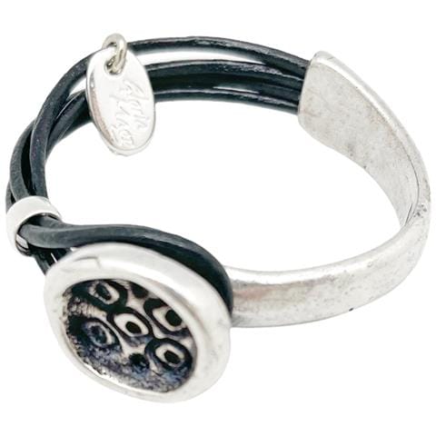 Bracciale Semirigido Con Bottone Inciso E Pelle Placcata Argento Nero - Foto 2