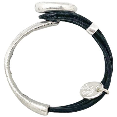 Bracciale Semirigido Con Bottone Inciso E Pelle Placcata Argento Nero - Foto 6