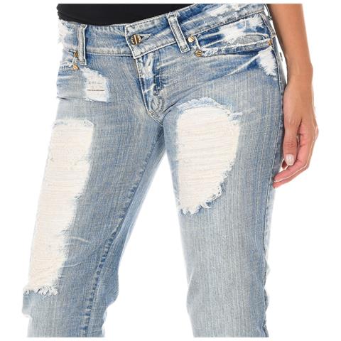 Pantaloni Lunghi In Denim Effetto Strappato Con Chiffon D012929-d024 Donna - Foto 3