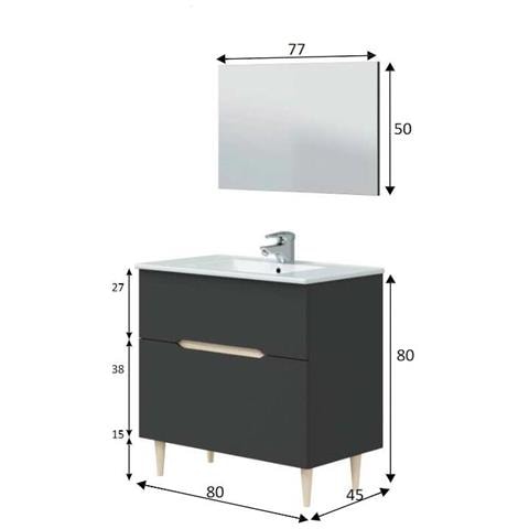 Mobile Sottolavabo Yarmouth, Sotto Lavabo Bagno, Mobiletto Da Bagno Con Specchio, Lavabo Non Incluso, 80x45h80 Cm, Antracite E Rovere - Foto 4
