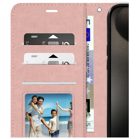 Custodia Per Iphone 15 Pro Portafoglio Funzione Supporto E Cordino, Rosa Champagne - Foto 5