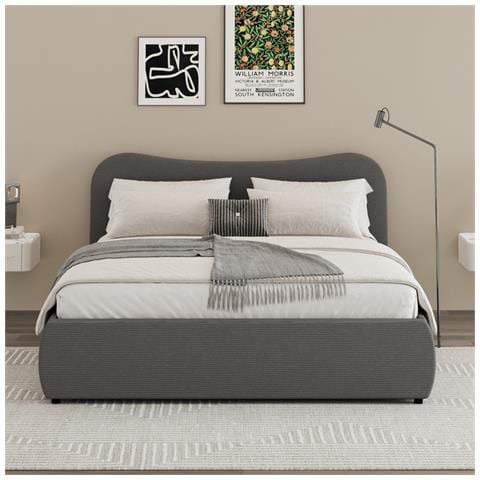 Plano Letto A Cassettiera 140x190cm Design Arrotondato Velluto A Coste Grigio - Foto 1