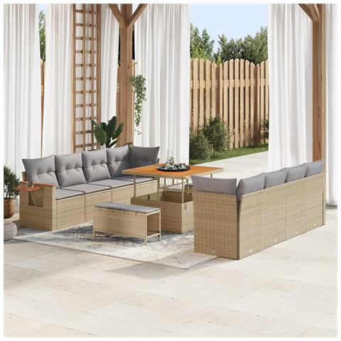 Set Divano da Giardino 11 Pezzi con Cuscini Beige Polyrattan Acacia, Set da Pranzo da Giardino 3 Pezzi con Cuscini Beige Polyrattan Acacia - Foto 2