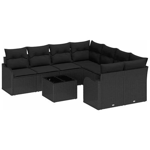 Set Divano Giardino 9 Pezzi con Cuscini Nero Rattan Sintetico, Divano Giardino 2 Persone con Cuscini Nero Rattan Sintetico - Foto 1