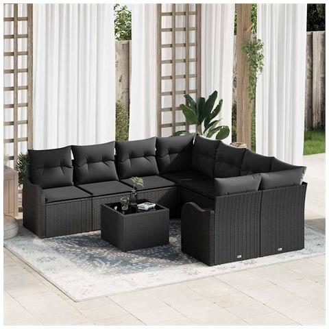Set Divano Giardino 9 Pezzi con Cuscini Nero Rattan Sintetico, Divano Giardino 2 Persone con Cuscini Nero Rattan Sintetico - Foto 2
