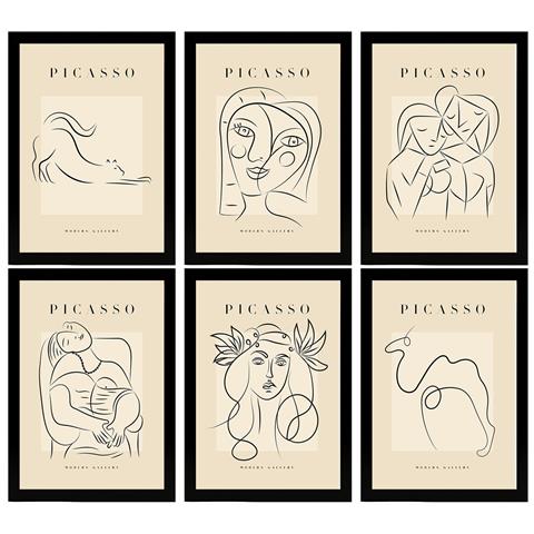 Set Di 6 Stampe Künstlerischen Illustrationen Von Pablo Picasso Weiblich Sammlung Von Dekorationsgemälden Im Kunstgalerie Stil A3 Cornice Nera - Foto 1