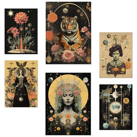 Set Di 6 Stampe Collage Surreale In Illustrazioni Mistiche Ed Esoteriche Di Design Nero-beige Per Le Pareti Delle Stanze Della Tua Casa A3 & A4 Senza Cornice - Foto 1