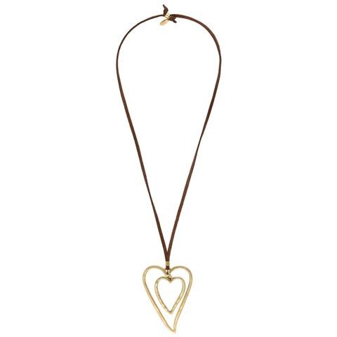 Collana In Pelle Marrone Con Doppio Cuore Dorato, Lunga 90 Cm - Foto 1