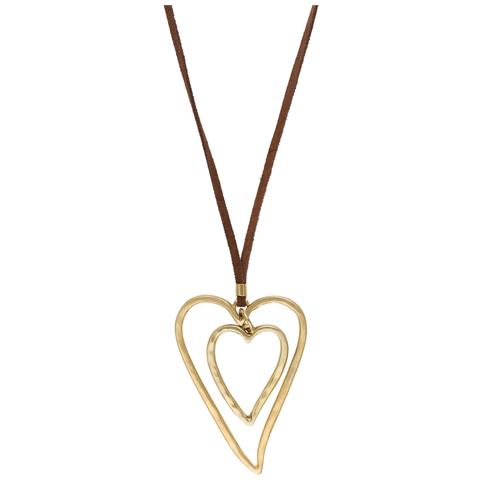 Collana In Pelle Marrone Con Doppio Cuore Dorato, Lunga 90 Cm - Foto 2