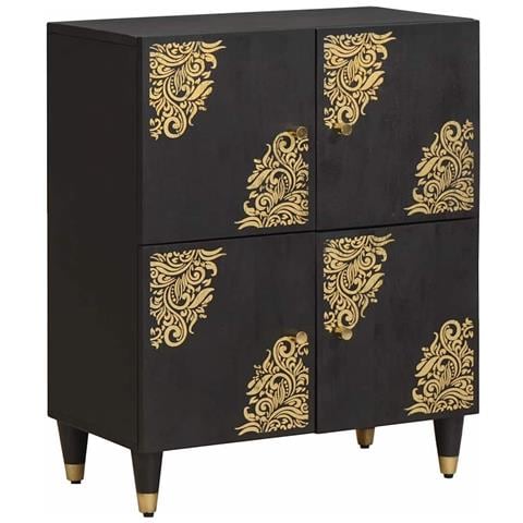 Credenza con porta Nero 60 x 33 x 75 cm Legno di mango massello - Foto 1