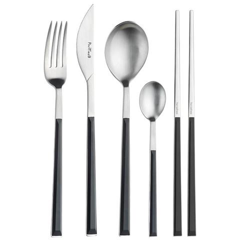 Sushi Pro Set 24 posate da tavola in acciaio satinato con manico nero Confezione - Set da 24 Pezzi - 6 Posti Tavola - Confezione Regalo Made in Italy - Foto 3