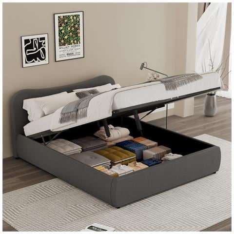 Plano Letto A Cassapanca 160x200cm Design Arrotondato Velluto A Coste Grigio - Foto 5