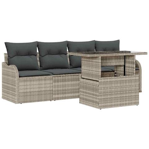 Set Divani Giardino 5 Pezzi con Cuscini Grigio Chiaro Rattan Polietilene, Divano Giardino 2 Posti con Stoccaggio e Cuscini Grigio Chiaro Rattan Polietilene - Foto 1