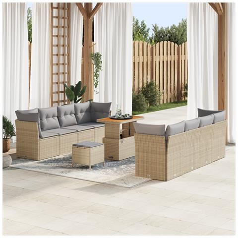 Set Divano da Giardino 11 Pezzi con Cuscini Beige Polyrattan Acacia, Set da Pranzo da Giardino 3 Pezzi con Cuscini Beige Polyrattan Acacia - Foto 2