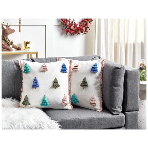 Set Di 2 Cuscini Skimmia Cotone 45 X 45 Cm Bianco Modello Natalizio - Foto 1