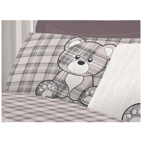Completo Lenzuola Flanella Pensieri Delicati 100% Cotone Disegno Orsetto Tartan Piazza E Mezza Grigio - Foto 5