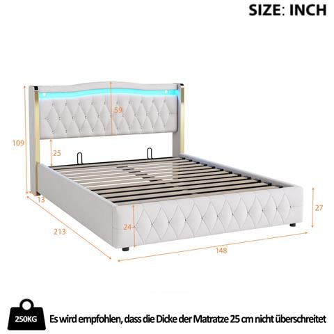 Letto Contenitore Letto Imbottito 140x200cm, Con Illuminazione Led Cambia Colore, Con Sistema Idraulico Per Il Contenimento, Letto Matrimoniale, Beige, Senza Materasso - Foto 2