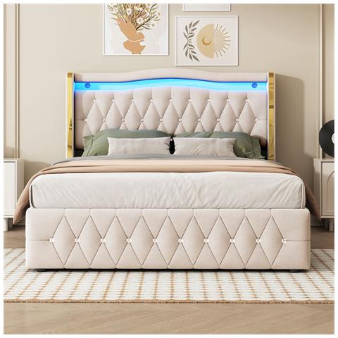 Letto Contenitore Letto Imbottito 140x200cm, Con Illuminazione Led Cambia Colore, Con Sistema Idraulico Per Il Contenimento, Letto Matrimoniale, Beige, Senza Materasso - Foto 4