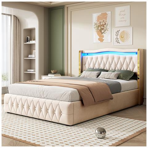 Letto Contenitore Letto Imbottito 140x200cm, Con Illuminazione Led Cambia Colore, Con Sistema Idraulico Per Il Contenimento, Letto Matrimoniale, Beige, Senza Materasso - Foto 1