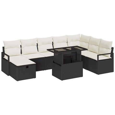 Set di divani da giardino a 9 pezzi con cuscini Nero Polyrattan, Divano da giardino a 2 posti con cuscini Nero Polyrattan - Foto 1