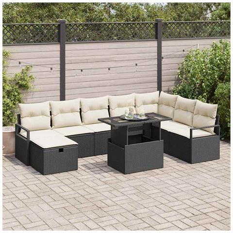 Set di divani da giardino a 9 pezzi con cuscini Nero Polyrattan, Divano da giardino a 2 posti con cuscini Nero Polyrattan - Foto 2