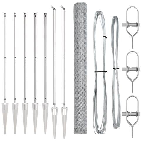 Recinzione esagonale 1,5x10 m in acciaio galvanizzato, Pali per recinzione con ancoraggio a spillo 7 pezzi Ø32 mm 170 cm in acciaio galvanizzato - Foto 1