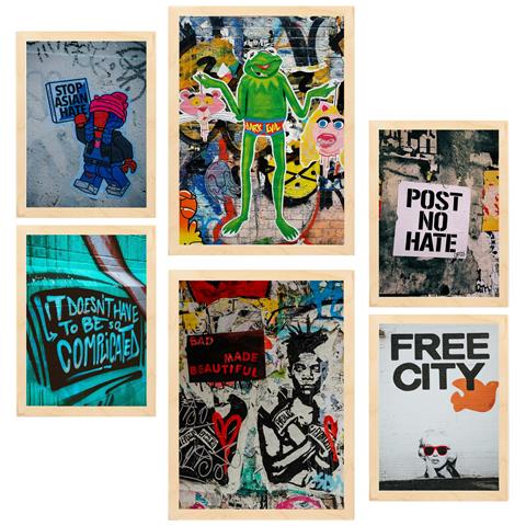 Set Di 6 Stampe Pittura Decorativa, Graffiti, Street Art, Stencil Da Parete A Colori, Illustrazioni Incorniciate A3 & A4 Telaio In Legno Chiaro - Foto 1