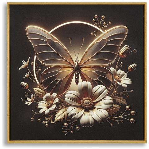 Stampa Con Led Su Tela Laccata Butterfly Farfalla Dorata Quadrata Con Cornice Oro - Foto 1