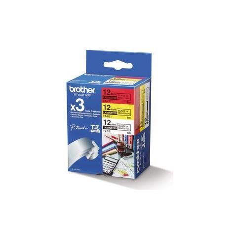 Brother P-touch Tze-31m3 Tze-231 Wei / schwarz 8m (12mm) Tze-431 Rot / schwarz 8m (12mm) Tze-631 Gelb / schwarz 8m (12mm)  - Foto 1