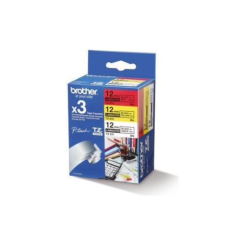 Brother P-touch Tze-31m3 Tze-231 Wei / schwarz 8m (12mm) Tze-431 Rot / schwarz 8m (12mm) Tze-631 Gelb / schwarz 8m (12mm)  - Foto 2