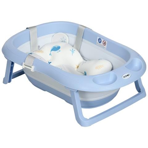 Vaschetta Bagnetto Pieghevole Bambini 0-6 Anni Con Cuscino E 2 Ripiani, 83x48x23.5 Cm, Blu E Bianco - Foto 1