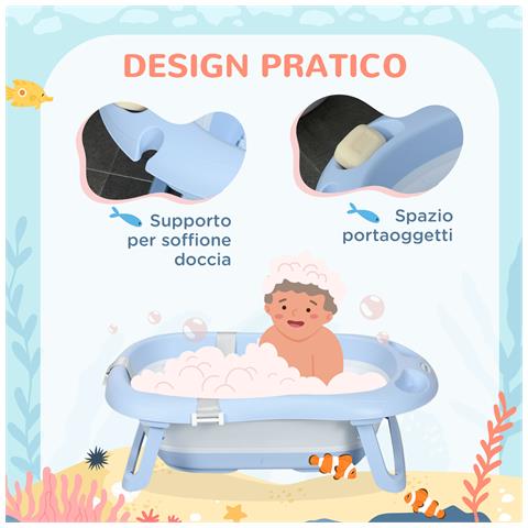 Vaschetta Bagnetto Pieghevole Bambini 0-6 Anni Con Cuscino E 2 Ripiani, 83x48x23.5 Cm, Blu E Bianco - Foto 6