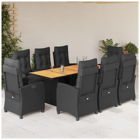 Set Da Pranzo Da Giardino 9 Pz Con Cuscini Nero In Polyrattan - Foto 1