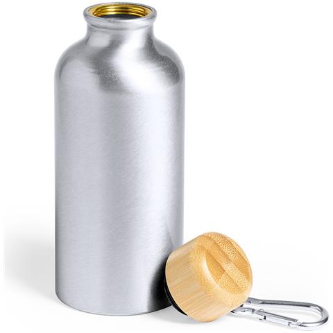 Borraccia In Alluminio Da 400 Ml Con Tappo In Bambù E Moschettone 6,6x6,6x17,2 Cm. Color Argento - Foto 4