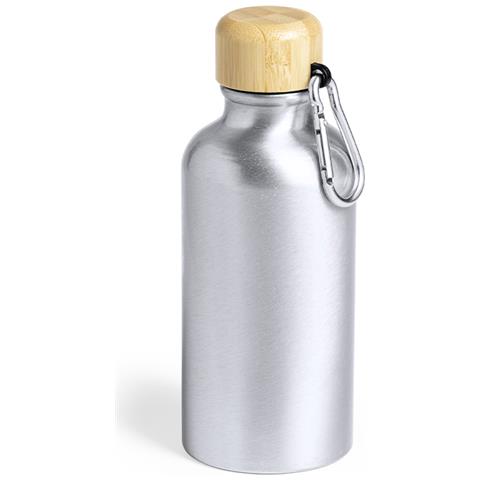 Borraccia In Alluminio Da 400 Ml Con Tappo In Bambù E Moschettone 6,6x6,6x17,2 Cm. Color Argento - Foto 1