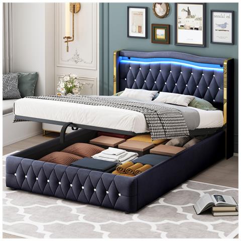 Letto Contenitore Letto Imbottito 140x200cm, Con Illuminazione Led Cambia Colore, Con Sistema Idraulico Per Il Contenimento, Letto Matrimoniale, Nero,senza Materasso - Foto 1