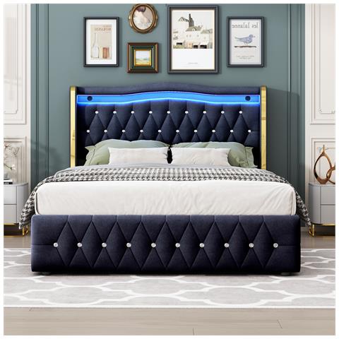 Letto Contenitore Letto Imbottito 140x200cm, Con Illuminazione Led Cambia Colore, Con Sistema Idraulico Per Il Contenimento, Letto Matrimoniale, Nero,senza Materasso - Foto 2