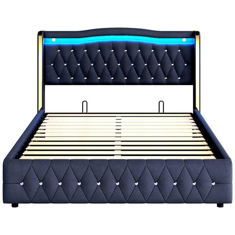 Letto Contenitore Letto Imbottito 140x200cm, Con Illuminazione Led Cambia Colore, Con Sistema Idraulico Per Il Contenimento, Letto Matrimoniale, Nero,senza Materasso - Foto 4