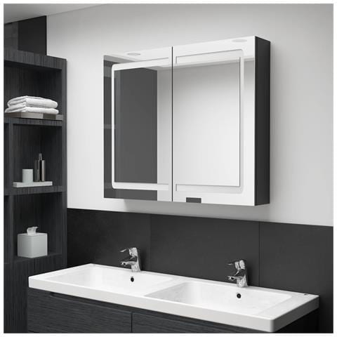 Armadietto Bagno Con Specchio E Led Nero Lucido 80x12x68 Cm - Foto 8